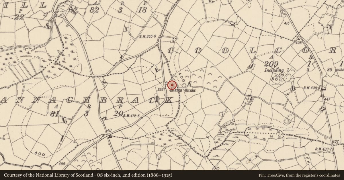 Ordnance Survey six-inch map, 2nd edition (1888–1915) covering the location of Megalithic tomb - unclassified, Annaghbrack, County Monaghan, with a pin at the register's coordinates