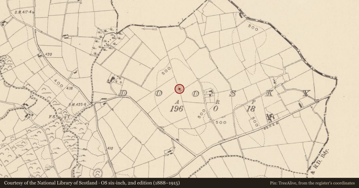 Ordnance Survey six-inch map, 2nd edition (1888–1915) covering the location of Enclosure, Doosky, County Monaghan, with a pin at the register's coordinates
