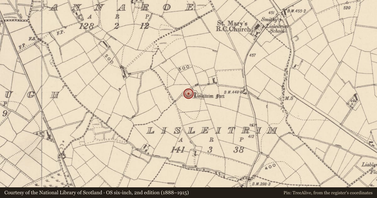 Ordnance Survey six-inch map, 2nd edition (1888–1915) covering the location of Ringfort - rath, Lisleitrim, County Monaghan, with a pin at the register's coordinates