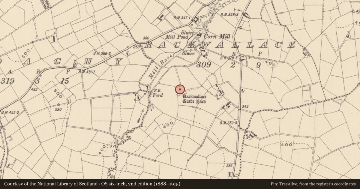 Ordnance Survey six-inch map, 2nd edition (1888–1915) covering the location of Church, Rackwallace, County Monaghan, with a pin at the register's coordinates