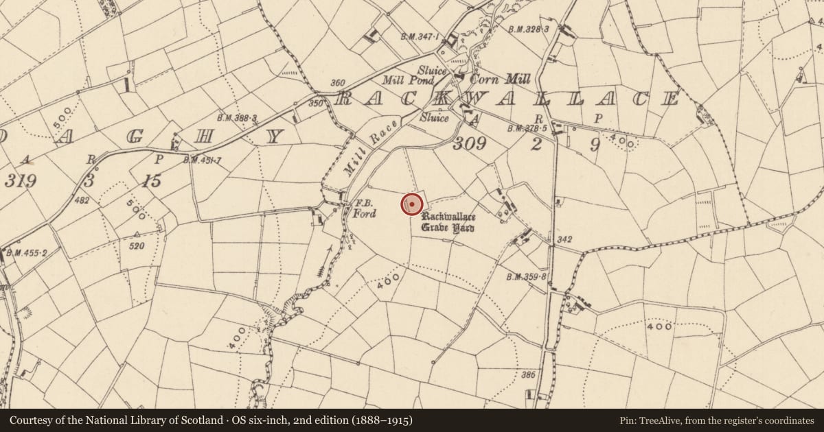 Ordnance Survey six-inch map, 2nd edition (1888–1915) covering the location of Graveyard, Rackwallace, County Monaghan, with a pin at the register's coordinates
