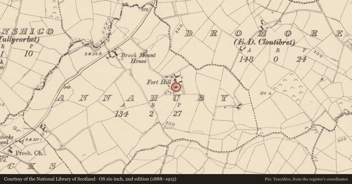 Ordnance Survey six-inch map, 2nd edition (1888–1915) covering the location of Ringfort - rath, Annahuby, County Monaghan, with a pin at the register's coordinates