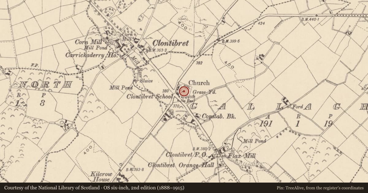 Ordnance Survey six-inch map, 2nd edition (1888–1915) covering the location of Church, Gallagh, County Monaghan, with a pin at the register's coordinates