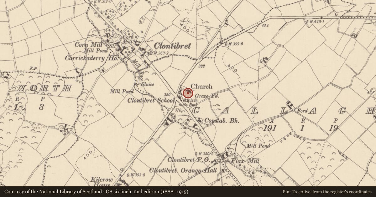 Ordnance Survey six-inch map, 2nd edition (1888–1915) covering the location of Graveyard, Gallagh, County Monaghan, with a pin at the register's coordinates