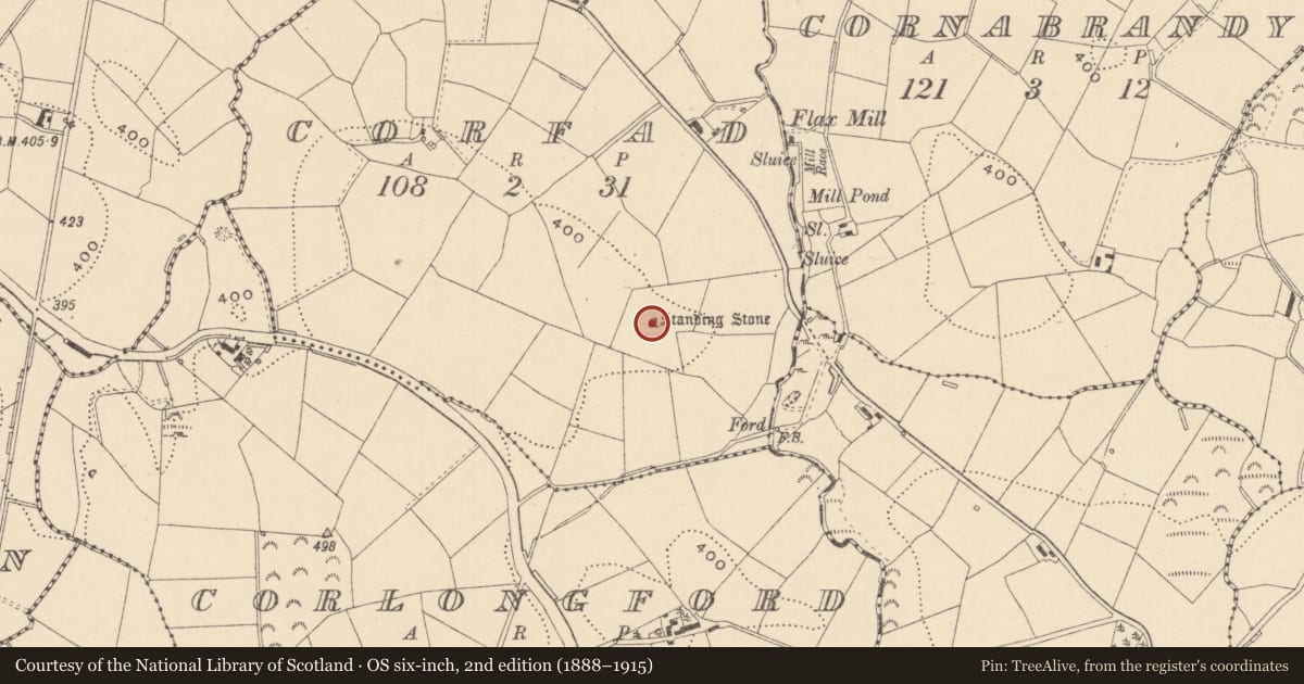 Ordnance Survey six-inch map, 2nd edition (1888–1915) covering the location of Standing stone, Corfad, County Monaghan, with a pin at the register's coordinates