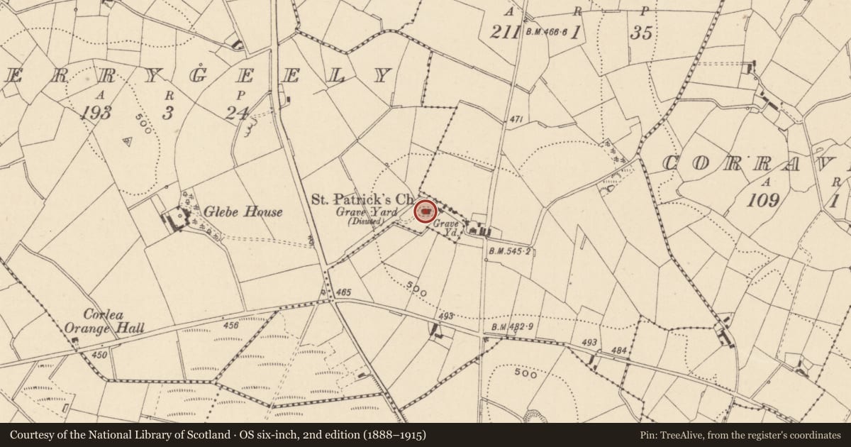 Ordnance Survey six-inch map, 2nd edition (1888–1915) covering the location of Church, Terrygeely, County Monaghan, with a pin at the register's coordinates