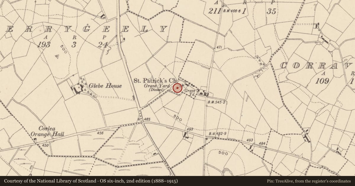 Ordnance Survey six-inch map, 2nd edition (1888–1915) covering the location of Architectural fragment, Terrygeely, County Monaghan, with a pin at the register's coordinates
