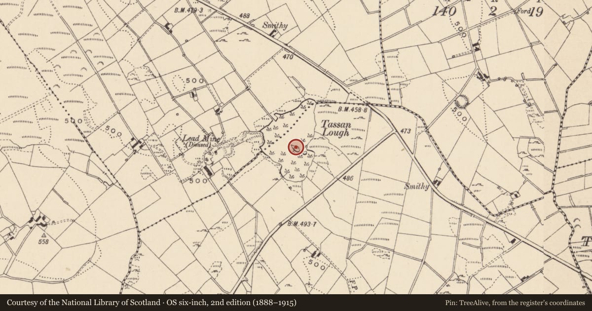 Ordnance Survey six-inch map, 2nd edition (1888–1915) covering the location of Crannog, Croaghan, County Monaghan, with a pin at the register's coordinates