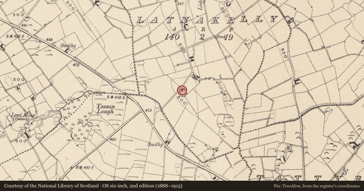 Ordnance Survey six-inch map, 2nd edition (1888–1915) covering the location of Ringfort - rath, Latnakelly, County Monaghan, with a pin at the register's coordinates