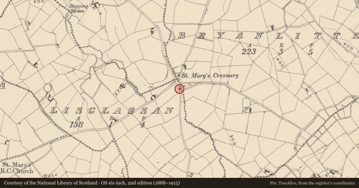 Ordnance Survey six-inch map, 2nd edition (1888–1915) covering the location of Mass-rock, Lisglassan, County Monaghan, with a pin at the register's coordinates