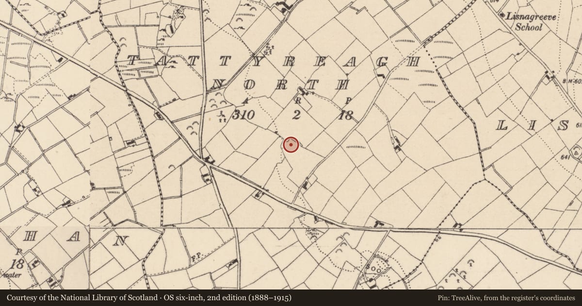 Ordnance Survey six-inch map, 2nd edition (1888–1915) covering the location of Ringfort - rath, Tattyreagh North, County Monaghan, with a pin at the register's coordinates