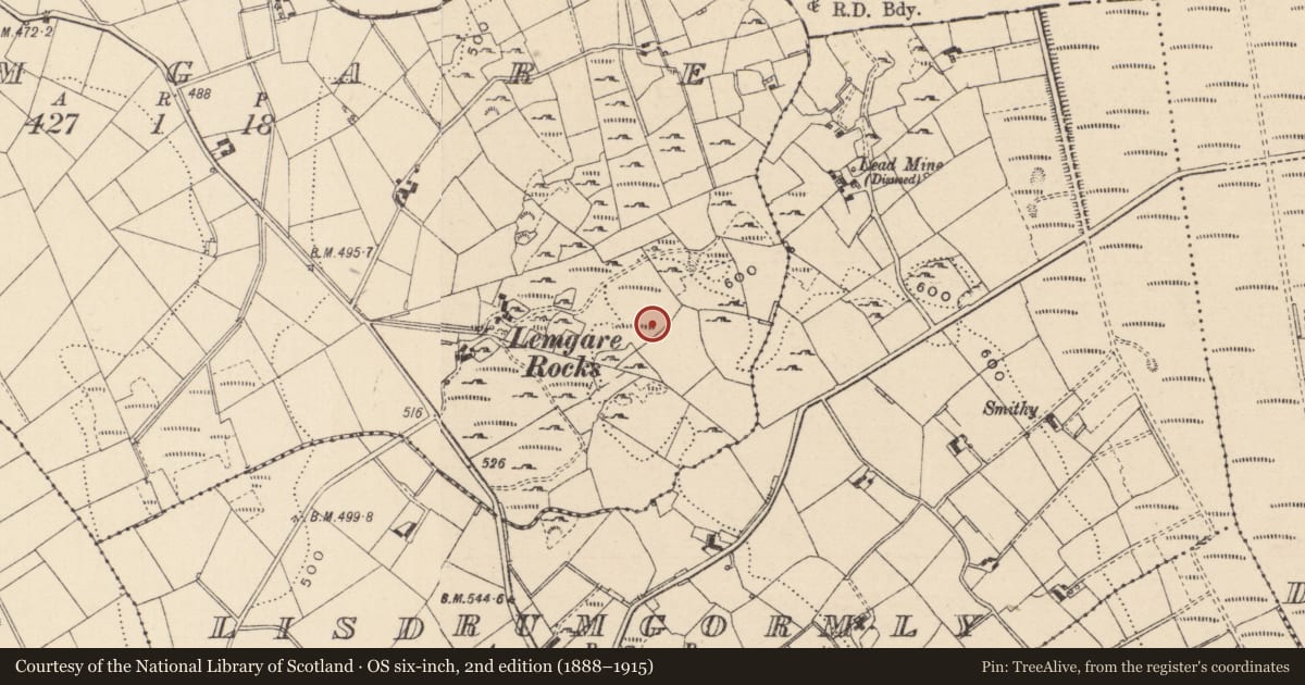 Ordnance Survey six-inch map, 2nd edition (1888–1915) covering the location of Mass-rock, Lemgare, County Monaghan, with a pin at the register's coordinates