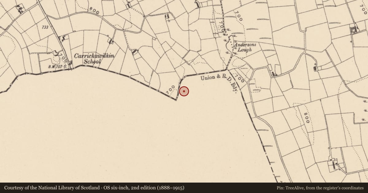 Ordnance Survey six-inch map, 2nd edition (1888–1915) covering the location of Mass-rock, Tullynageer, County Monaghan, with a pin at the register's coordinates