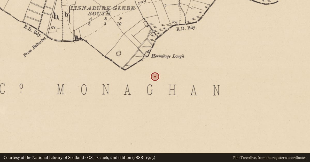 Ordnance Survey six-inch map, 2nd edition (1888–1915) covering the location of Crannog, Annagheane, County Monaghan, with a pin at the register's coordinates