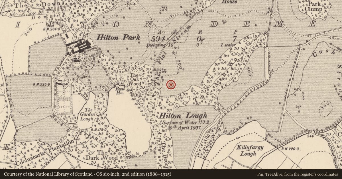Ordnance Survey six-inch map, 2nd edition (1888–1915) covering the location of Ringfort - rath, Hilton Demesne, County Monaghan, with a pin at the register's coordinates