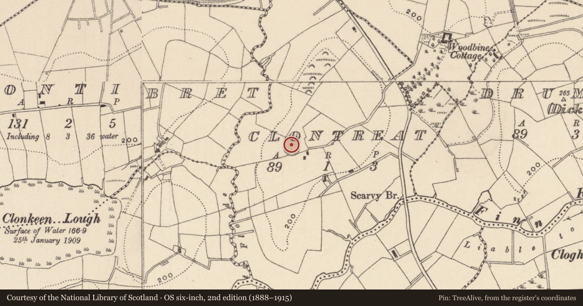 Ordnance Survey six-inch map, 2nd edition (1888–1915) covering the location of Ringfort - rath, Clontreat, County Monaghan, with a pin at the register's coordinates