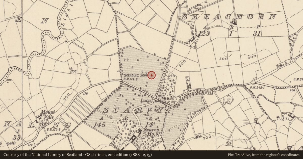 Ordnance Survey six-inch map, 2nd edition (1888–1915) covering the location of Standing stone, Scarvy, County Monaghan, with a pin at the register's coordinates