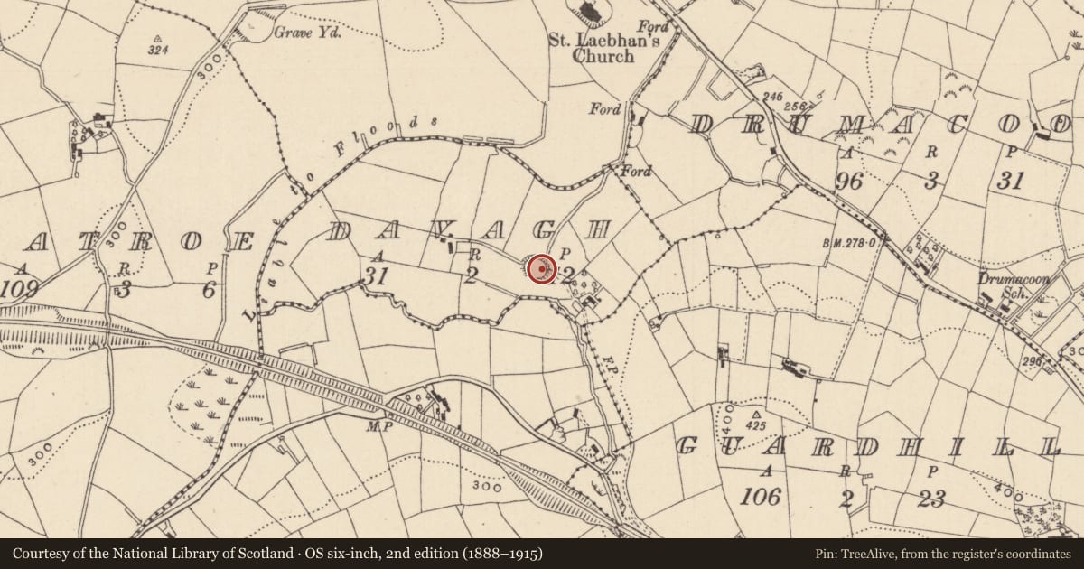 Ordnance Survey six-inch map, 2nd edition (1888–1915) covering the location of Ringfort - rath, Davagh, County Monaghan, with a pin at the register's coordinates