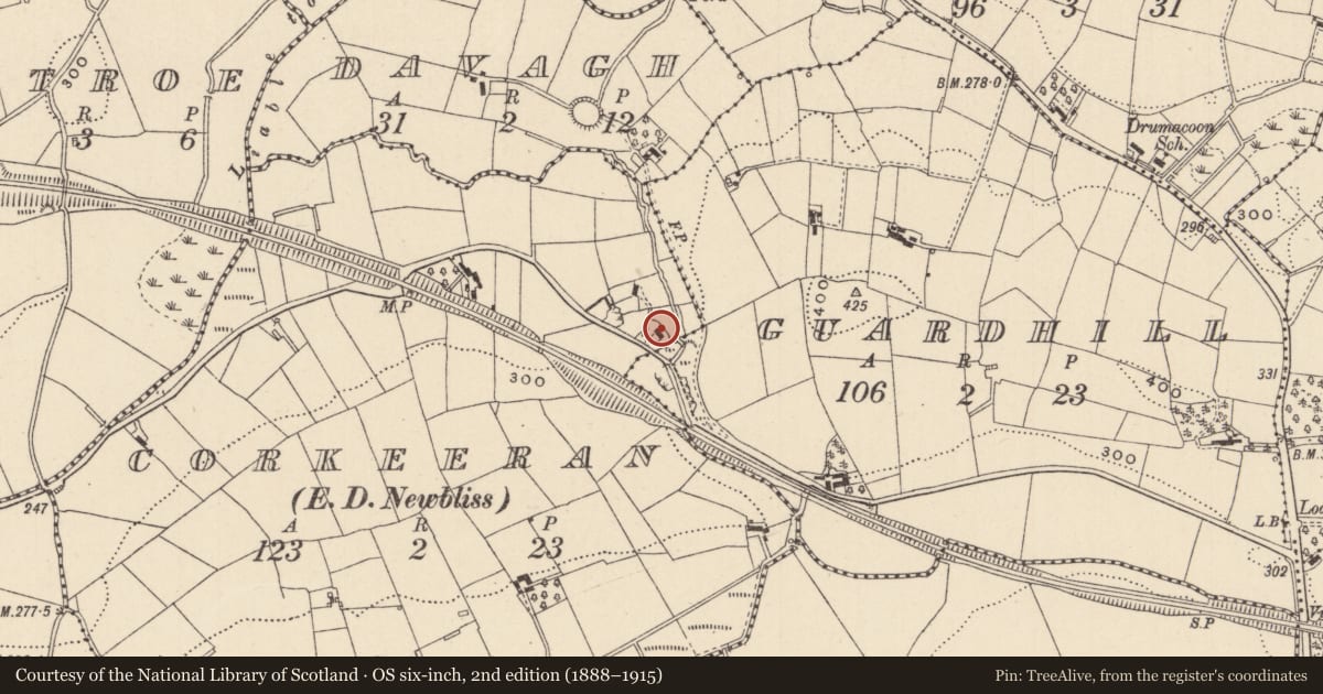 Ordnance Survey six-inch map, 2nd edition (1888–1915) covering the location of Earthwork, Corkeeran (Dartree By., Killeevan Par.), County Monaghan, with a pin at the register's coordinates