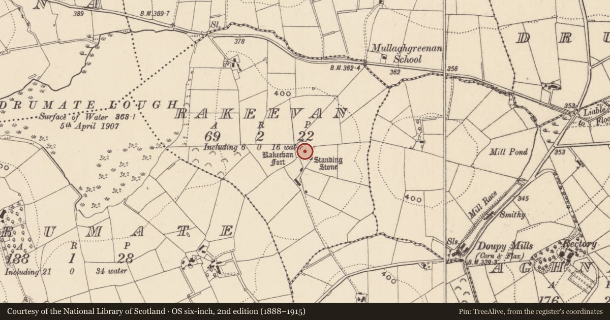 Ordnance Survey six-inch map, 2nd edition (1888–1915) covering the location of Ringfort - rath, Rakeevan, County Monaghan, with a pin at the register's coordinates