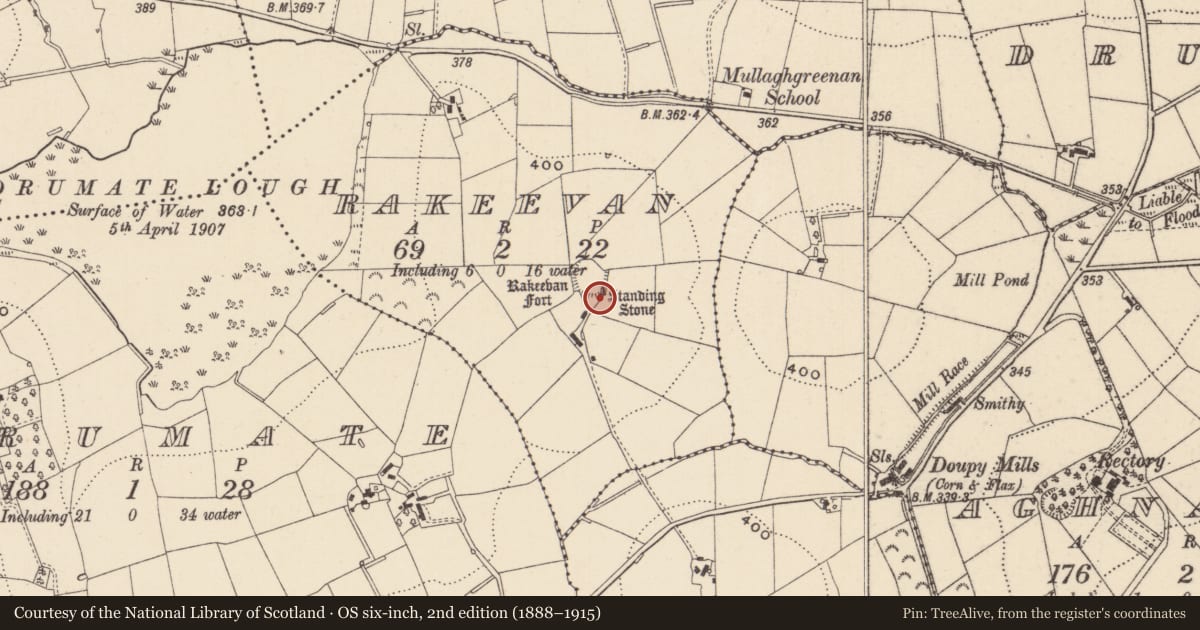 Ordnance Survey six-inch map, 2nd edition (1888–1915) covering the location of Standing stone, Rakeevan, County Monaghan, with a pin at the register's coordinates