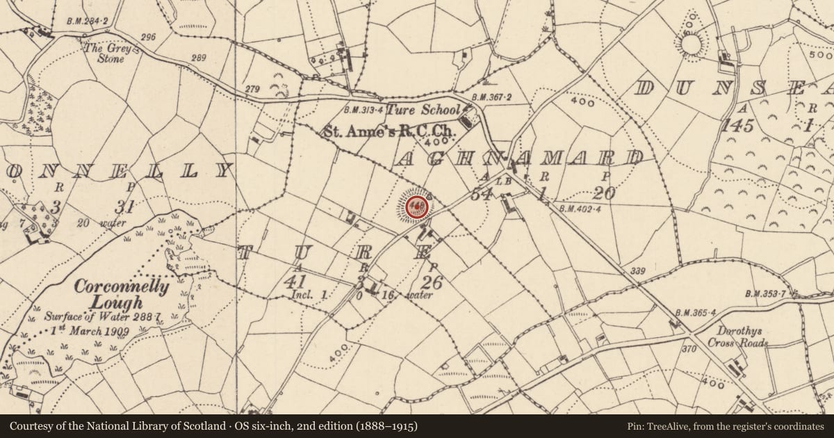 Ordnance Survey six-inch map, 2nd edition (1888–1915) covering the location of Ringfort - rath, Ture, County Monaghan, with a pin at the register's coordinates
