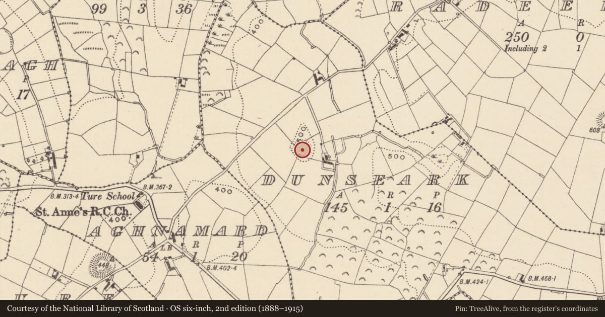 Ordnance Survey six-inch map, 2nd edition (1888–1915) covering the location of Ringfort - rath, Dunseark, County Monaghan, with a pin at the register's coordinates