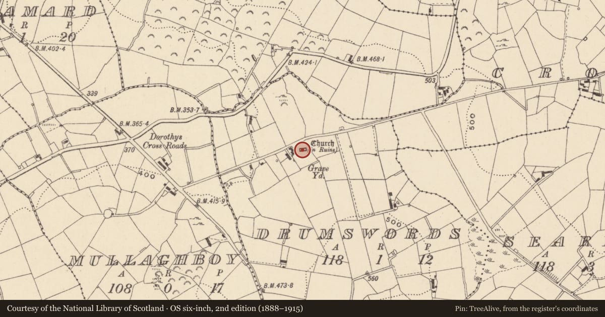 Ordnance Survey six-inch map, 2nd edition (1888–1915) covering the location of Church, Drumswords, County Monaghan, with a pin at the register's coordinates