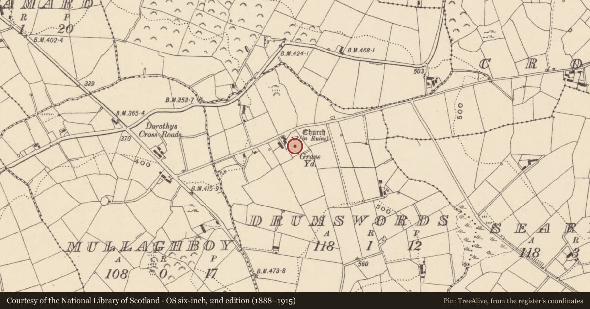 Ordnance Survey six-inch map, 2nd edition (1888–1915) covering the location of Graveyard, Drumswords, County Monaghan, with a pin at the register's coordinates