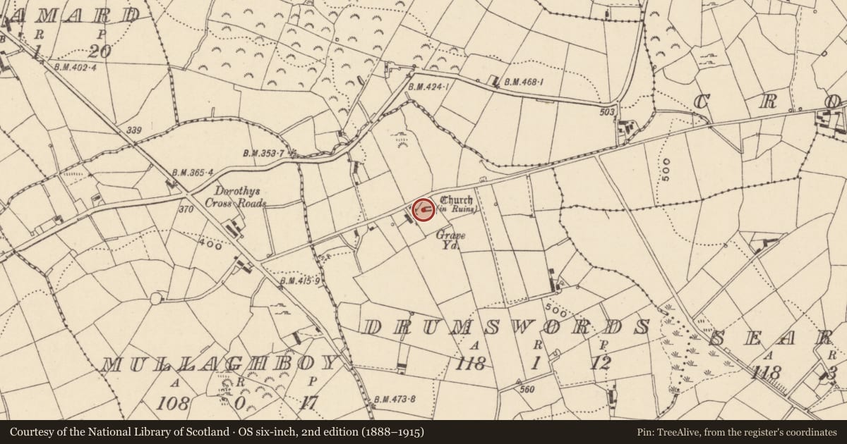 Ordnance Survey six-inch map, 2nd edition (1888–1915) covering the location of Wall monument, Drumswords, County Monaghan, with a pin at the register's coordinates