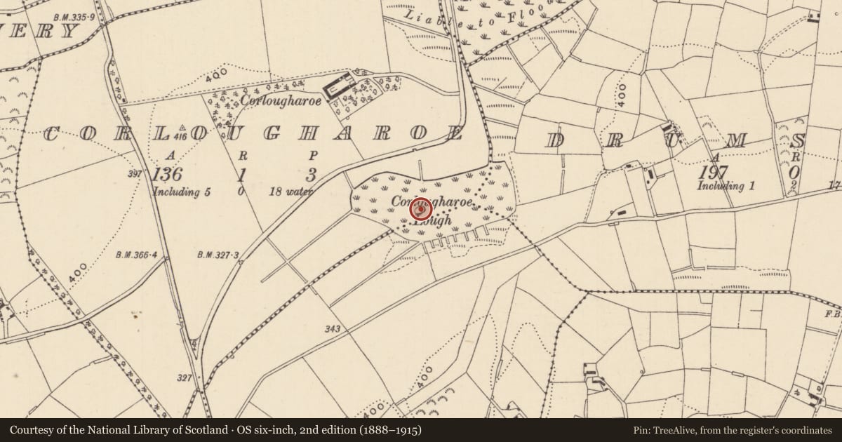 Ordnance Survey six-inch map, 2nd edition (1888–1915) covering the location of Crannog, Corlougharoe, County Monaghan, with a pin at the register's coordinates