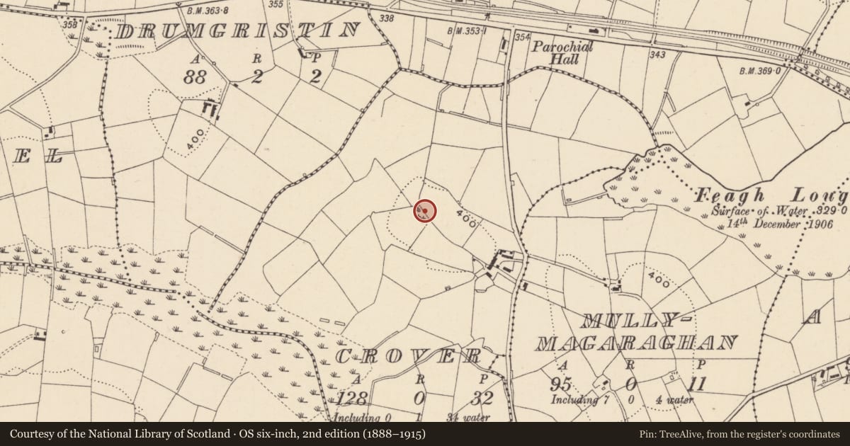Ordnance Survey six-inch map, 2nd edition (1888–1915) covering the location of Ringfort - rath, Crover, County Monaghan, with a pin at the register's coordinates