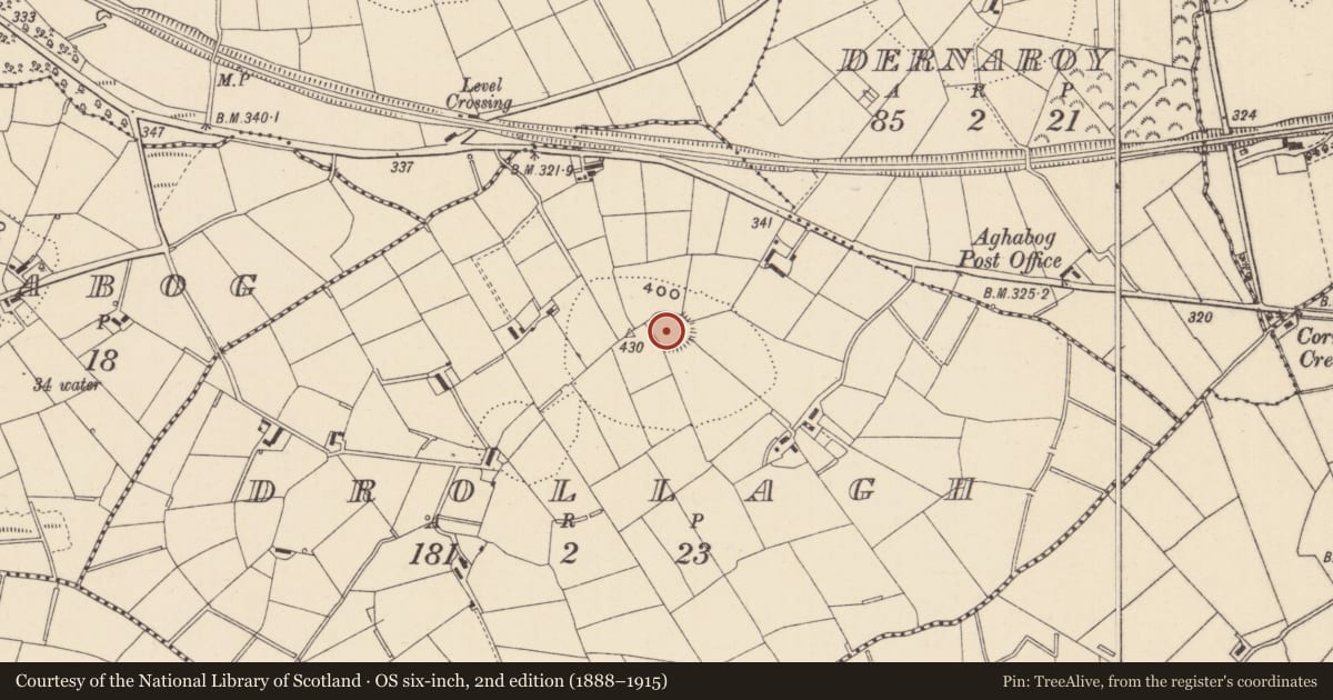 Ordnance Survey six-inch map, 2nd edition (1888–1915) covering the location of Ringfort - rath, Drollagh, County Monaghan, with a pin at the register's coordinates