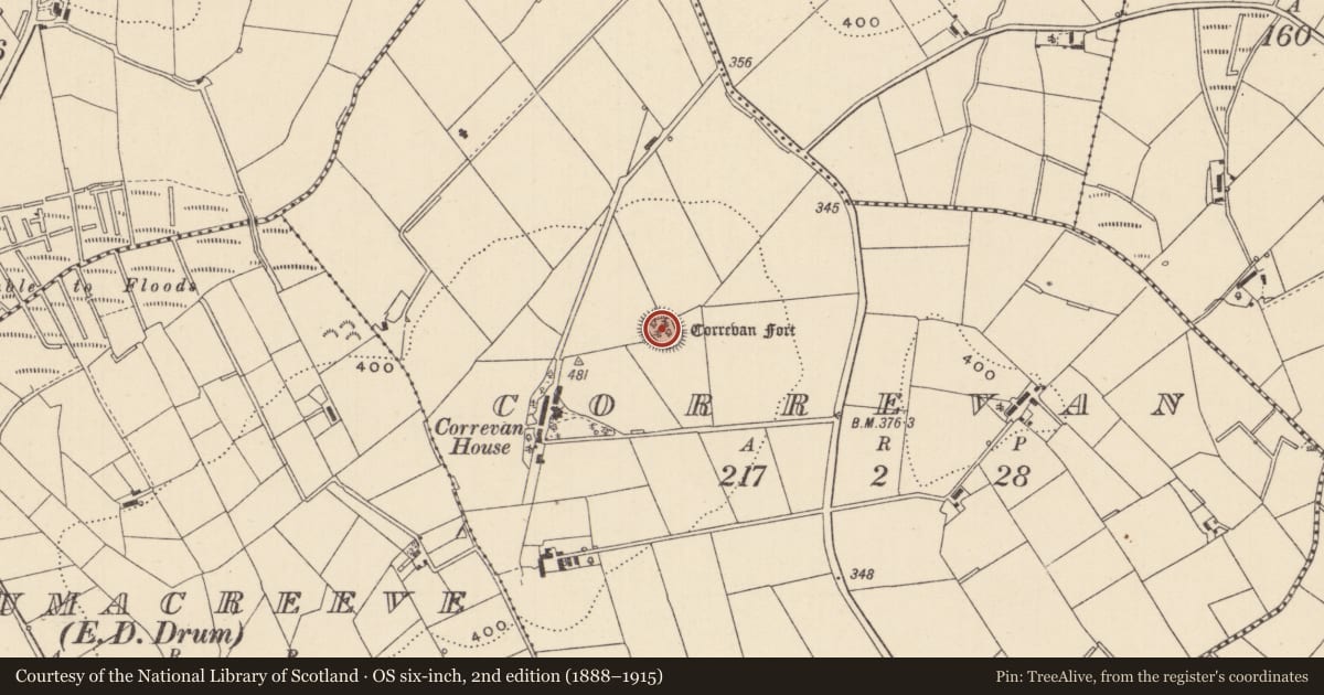 Ordnance Survey six-inch map, 2nd edition (1888–1915) covering the location of Ringfort - rath, Correvan, County Monaghan, with a pin at the register's coordinates