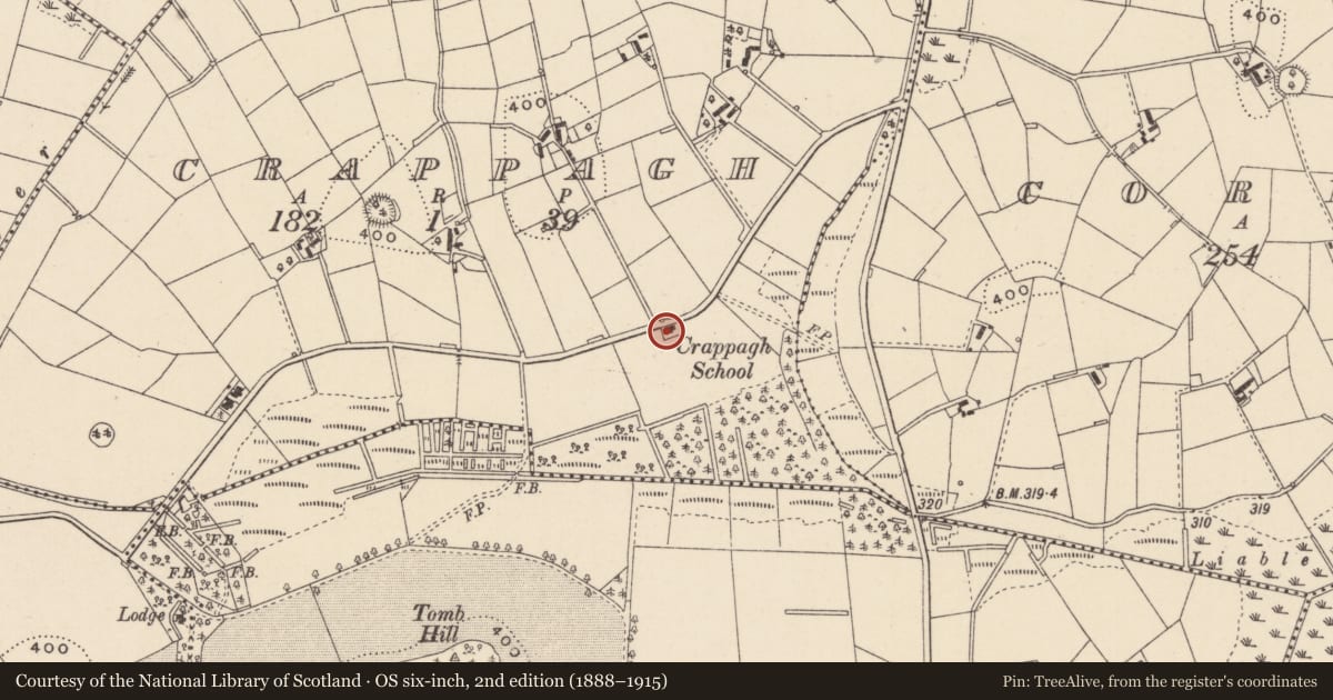 Ordnance Survey six-inch map, 2nd edition (1888–1915) covering the location of Souterrain, Crappagh, County Monaghan, with a pin at the register's coordinates