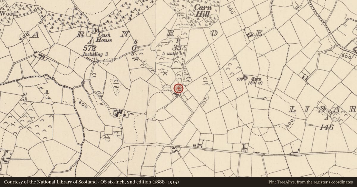 Ordnance Survey six-inch map, 2nd edition (1888–1915) covering the location of Standing stone, Carnroe, County Monaghan, with a pin at the register's coordinates