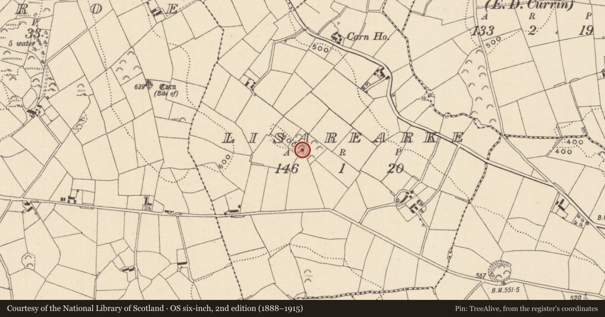 Ordnance Survey six-inch map, 2nd edition (1888–1915) covering the location of Ringfort - rath, Lisarearke, County Monaghan, with a pin at the register's coordinates