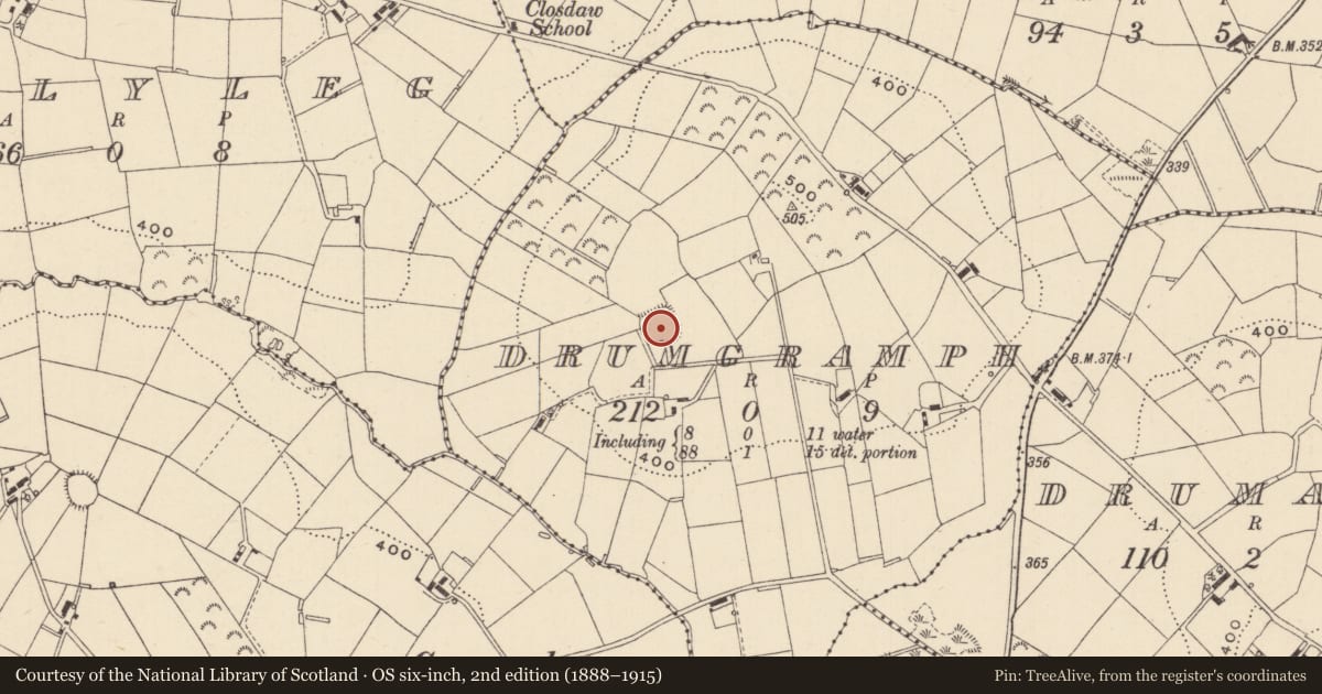 Ordnance Survey six-inch map, 2nd edition (1888–1915) covering the location of Enclosure, Drumgramph (Dartree by, County Monaghan, with a pin at the register's coordinates