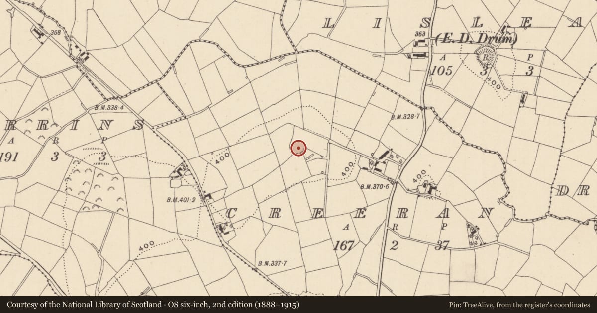 Ordnance Survey six-inch map, 2nd edition (1888–1915) covering the location of Ringfort - rath, Creeran, County Monaghan, with a pin at the register's coordinates
