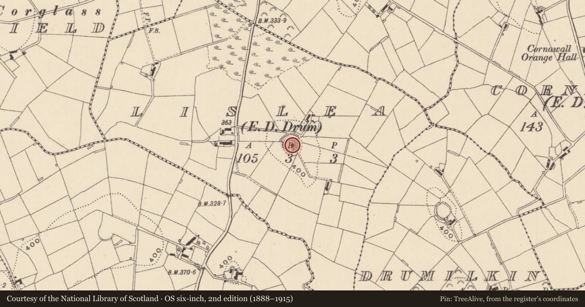 Ordnance Survey six-inch map, 2nd edition (1888–1915) covering the location of Ringfort - rath, Lislea (Dartree By., Aghabog Par.), County Monaghan, with a pin at the register's coordinates