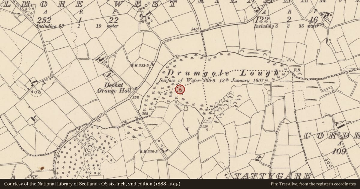 Ordnance Survey six-inch map, 2nd edition (1888–1915) covering the location of Crannog, Drumgole, County Monaghan, with a pin at the register's coordinates