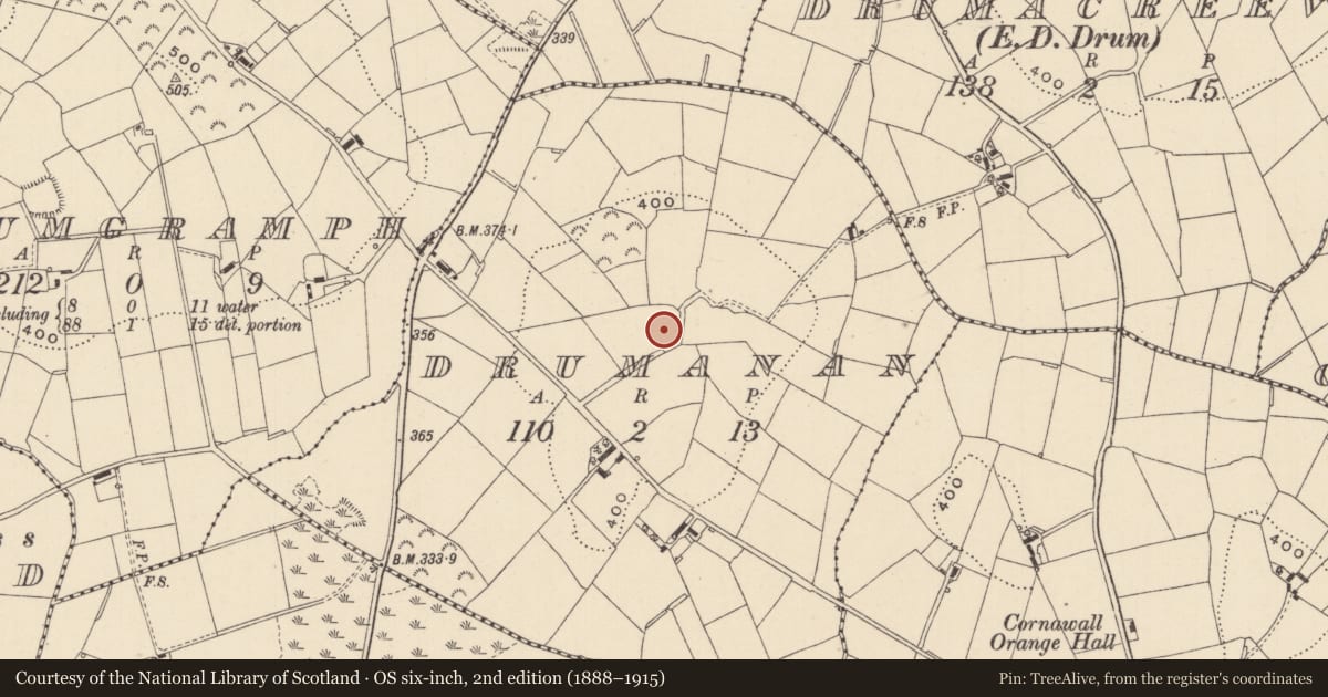 Ordnance Survey six-inch map, 2nd edition (1888–1915) covering the location of Enclosure, Drumanan, County Monaghan, with a pin at the register's coordinates