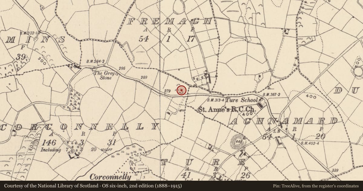 Ordnance Survey six-inch map, 2nd edition (1888–1915) covering the location of Mass-rock, Corconnelly, County Monaghan, with a pin at the register's coordinates