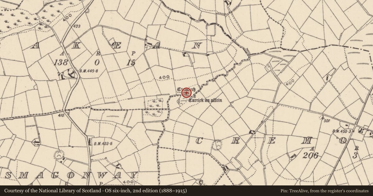 Ordnance Survey six-inch map, 2nd edition (1888–1915) covering the location of Megalithic tomb - unclassified, Rakean, County Monaghan, with a pin at the register's coordinates