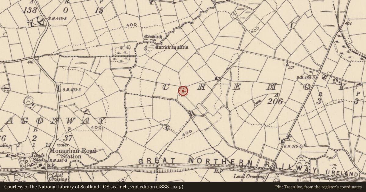 Ordnance Survey six-inch map, 2nd edition (1888–1915) covering the location of Ringfort - rath, Cremoyle, County Monaghan, with a pin at the register's coordinates