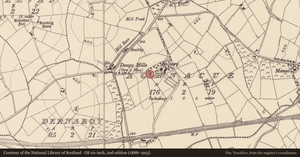 Ordnance Survey six-inch map, 2nd edition (1888–1915) covering the location of Ringfort - rath, Aghnacue, County Monaghan, with a pin at the register's coordinates