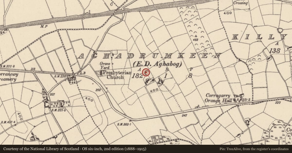 Ordnance Survey six-inch map, 2nd edition (1888–1915) covering the location of Ringfort - rath, Aghadrumkeen (Dartry by, County Monaghan, with a pin at the register's coordinates