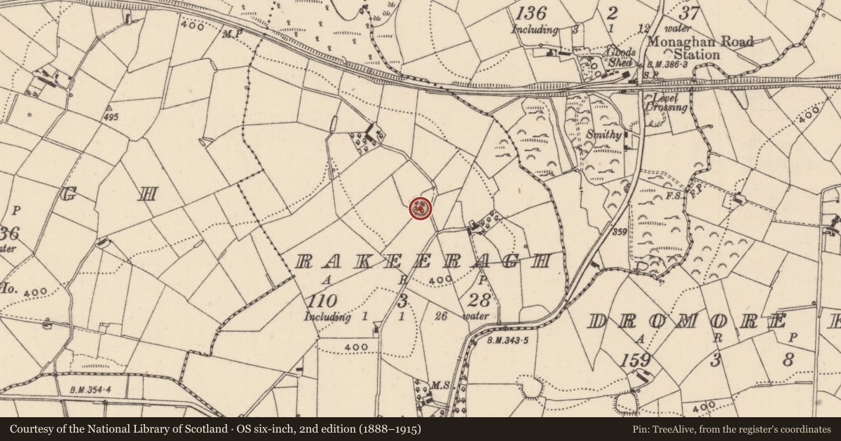 Ordnance Survey six-inch map, 2nd edition (1888–1915) covering the location of Ringfort - rath, Rakeeragh (Dartree By., Ematris Par.), County Monaghan, with a pin at the register's coordinates