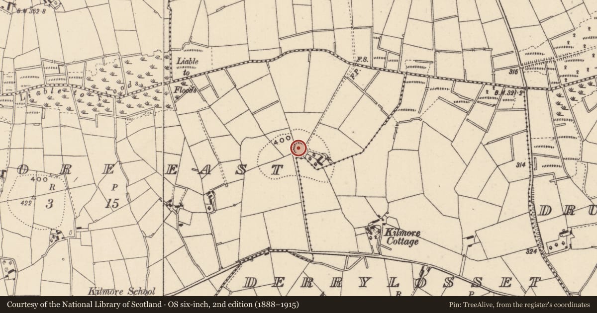 Ordnance Survey six-inch map, 2nd edition (1888–1915) covering the location of Ringfort - rath, Kilmore East, County Monaghan, with a pin at the register's coordinates