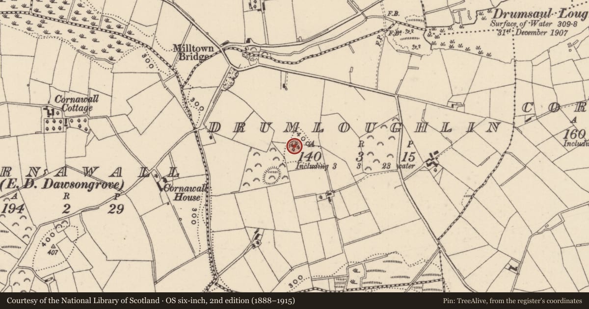 Ordnance Survey six-inch map, 2nd edition (1888–1915) covering the location of Ringfort - rath, Drumloughlin, County Monaghan, with a pin at the register's coordinates